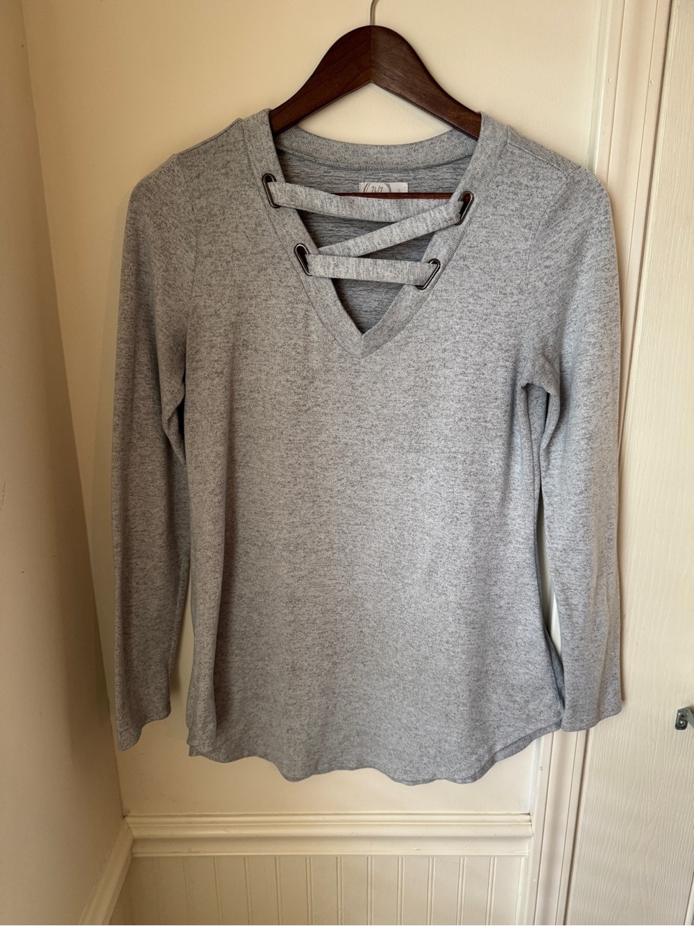 Gray Women's Top with Crisscross Neckline Size Small